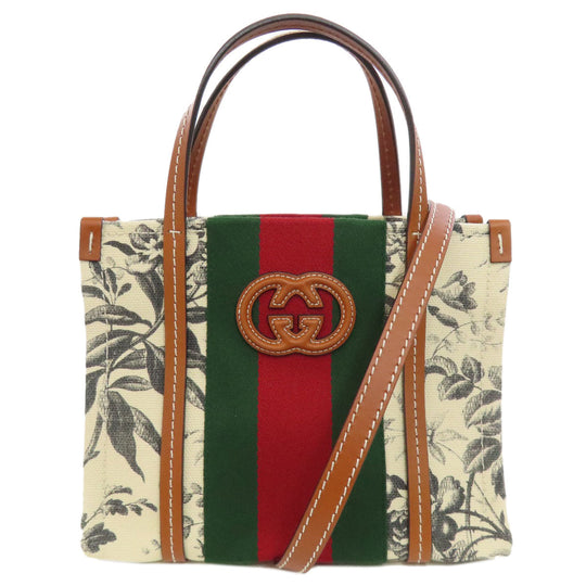 GUCCI Tote Bag 727735 canvas white Interlocking G Floral 2WAY Women Used Authentic