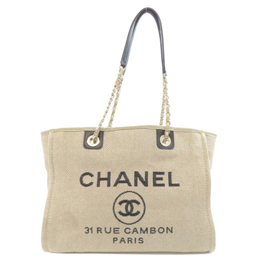CHANEL Tote Bag canvas beige Deauville Gold Metal