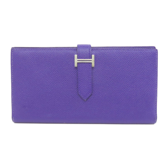 HERMES Long Wallet Purse Epsom purple Bearn Soufflet Blue Electric Silver Metal Women Used Authentic