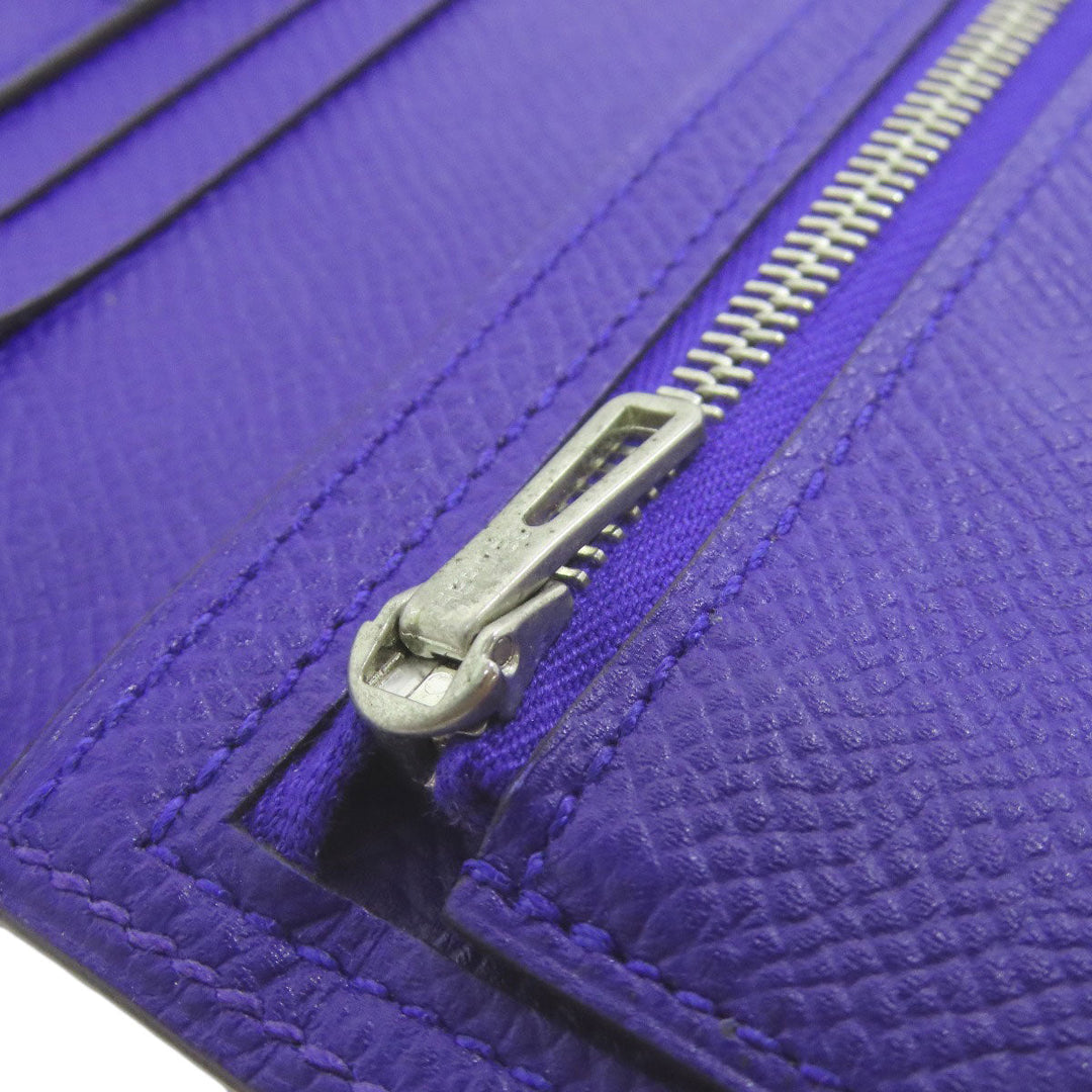 HERMES Long Wallet Purse Epsom purple Bearn Soufflet Blue Electric Silver Metal Women Used Authentic
