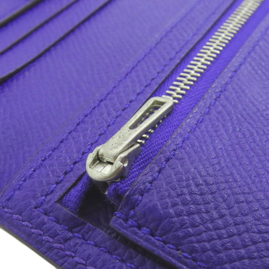 HERMES Long Wallet Purse Epsom purple Bearn Soufflet Blue Electric Silver Metal Women Used Authentic