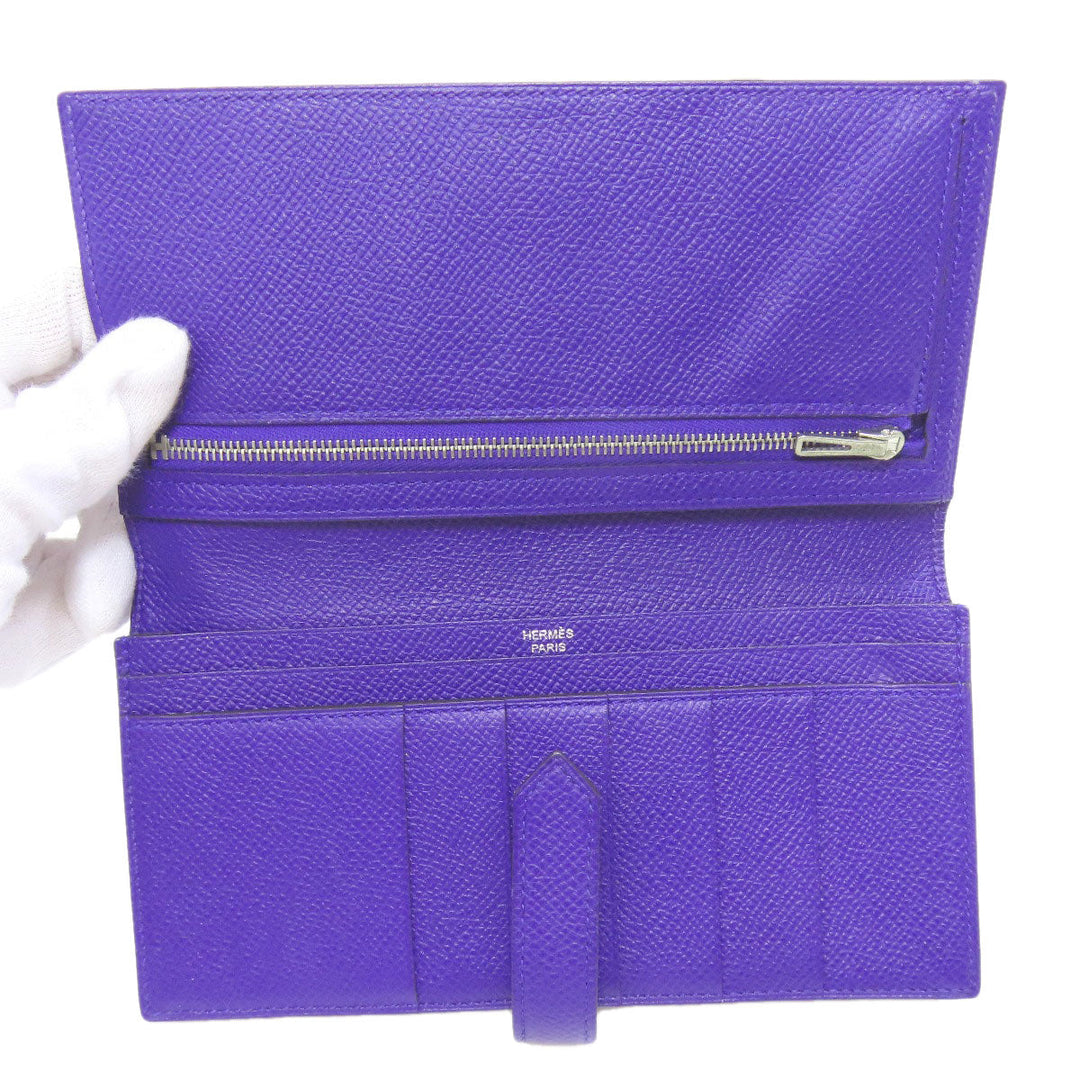 HERMES Long Wallet Purse Epsom purple Bearn Soufflet Blue Electric Silver Metal Women Used Authentic