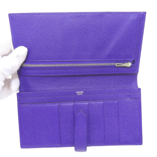 HERMES Long Wallet Purse Epsom purple Bearn Soufflet Blue Electric Silver Metal Women Used Authentic