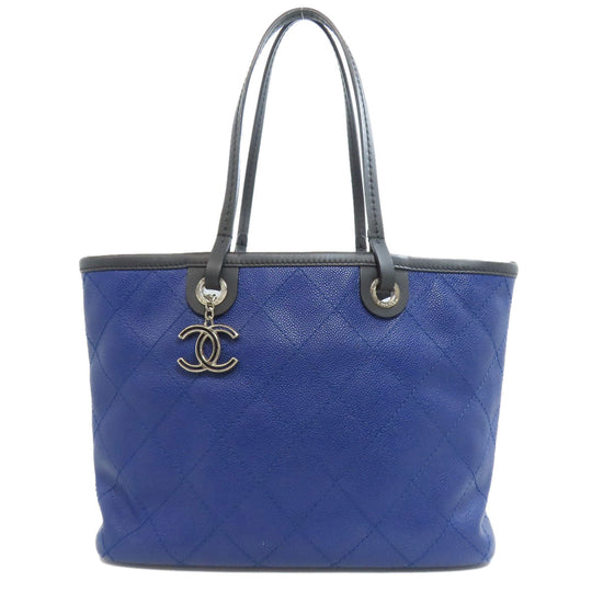 CHANEL Tote Bag Grained Calfskin Skin blue Wild stitch Silver Metal