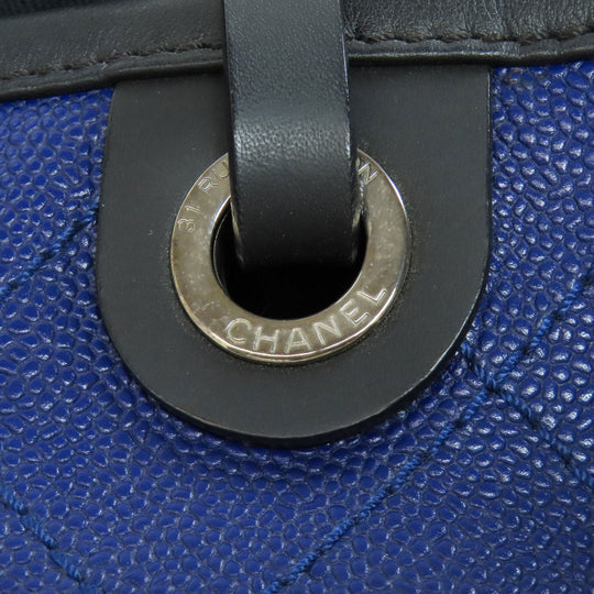 CHANEL Tote Bag Grained Calfskin Skin blue Wild stitch Silver Metal