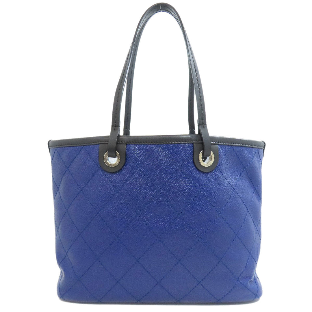 CHANEL Tote Bag Grained Calfskin Skin blue Wild stitch Silver Metal