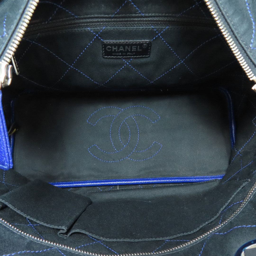 CHANEL Tote Bag Grained Calfskin Skin blue Wild stitch Silver Metal