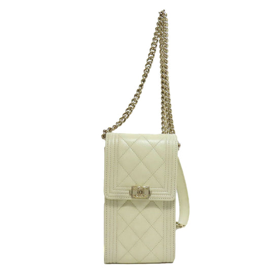 CHANEL Smartphone case Caviar skin white Boy Chanel Gold Metal Women Used Authentic