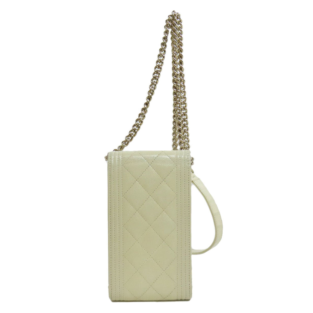 CHANEL Smartphone case Caviar skin white Boy Chanel Gold Metal Women Used Authentic