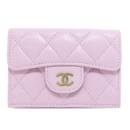 CHANEL Bifold Wallet Caviar skin pink Compact Wallet COCO Mark Gold Metal Women Used Authentic