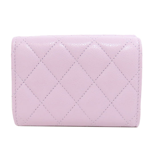 CHANEL Bifold Wallet Caviar skin pink Compact Wallet COCO Mark Gold Metal Women Used Authentic