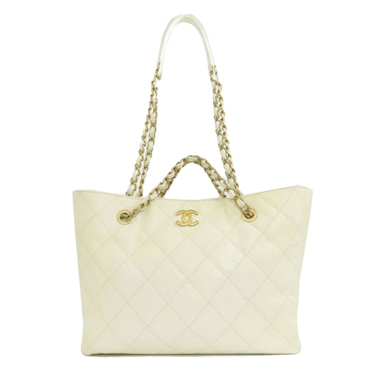 CHANEL Tote Bag Grained Calfskin Skin white Chain Tote Gold Metal 2WAY Women Used Authentic