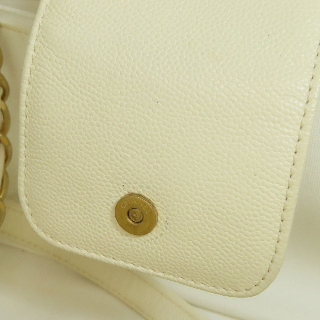 CHANEL Tote Bag Grained Calfskin Skin white Chain Tote Gold Metal 2WAY Women Used Authentic