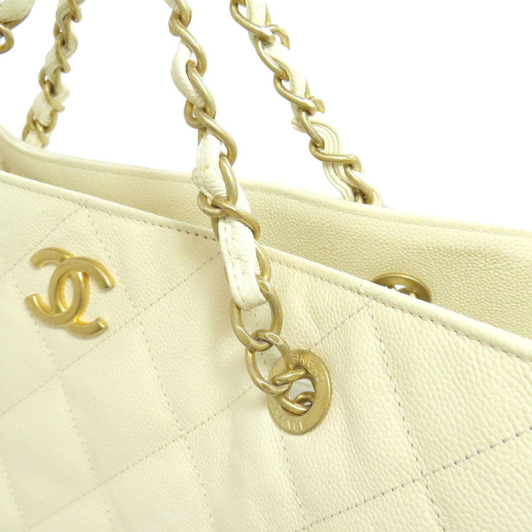 CHANEL Tote Bag Grained Calfskin Skin white Chain Tote Gold Metal 2WAY Women Used Authentic