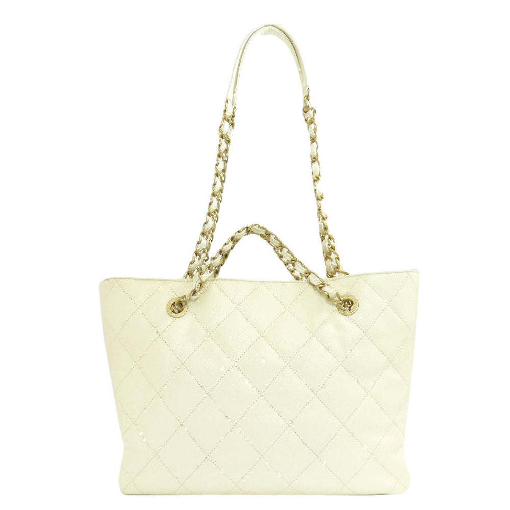 CHANEL Tote Bag Grained Calfskin Skin white Chain Tote Gold Metal 2WAY Women Used Authentic