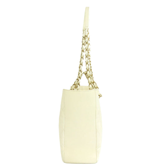 CHANEL Tote Bag Grained Calfskin Skin white Chain Tote Gold Metal 2WAY Women Used Authentic
