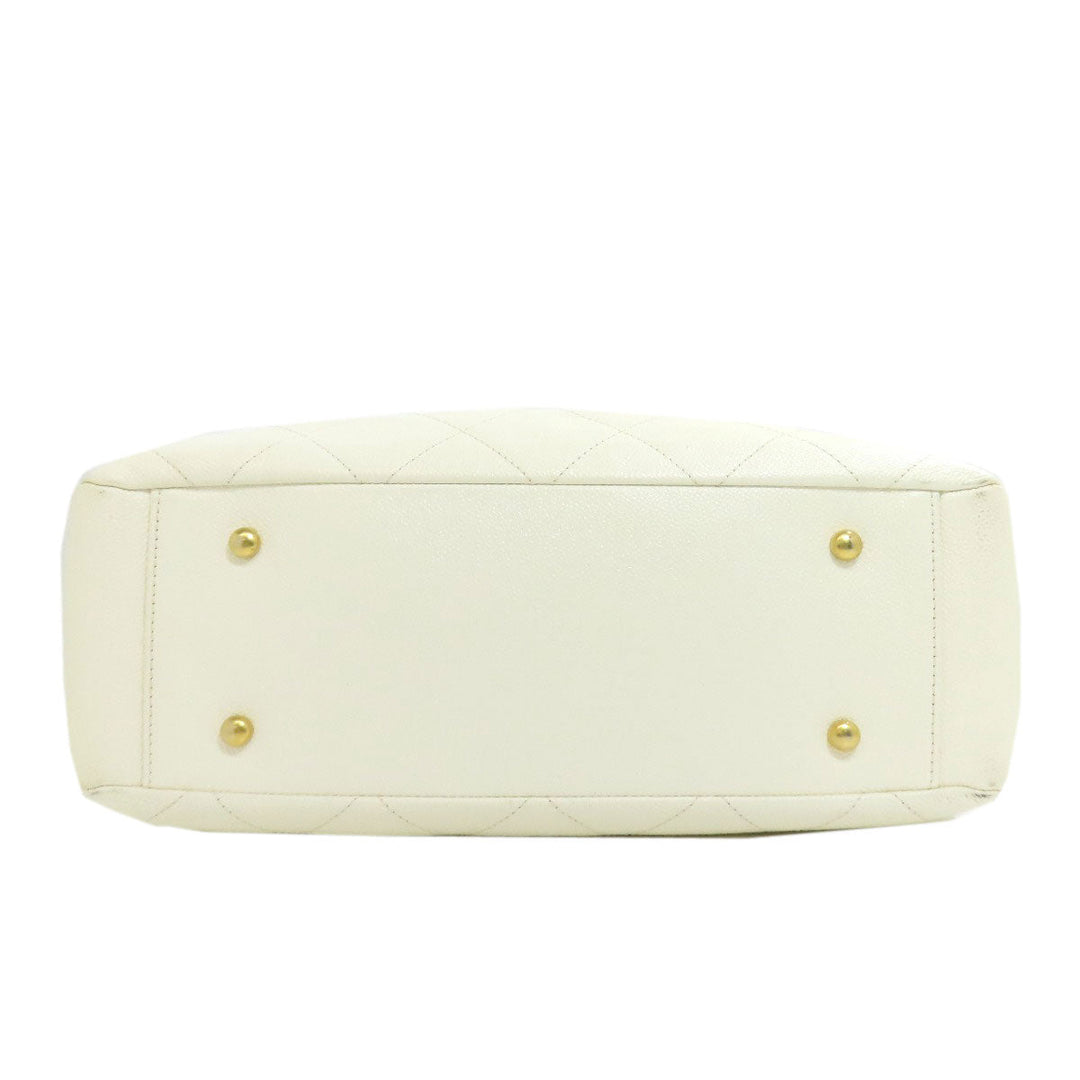CHANEL Tote Bag Grained Calfskin Skin white Chain Tote Gold Metal 2WAY Women Used Authentic