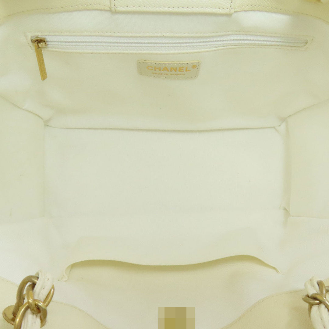CHANEL Tote Bag Grained Calfskin Skin white Chain Tote Gold Metal 2WAY Women Used Authentic