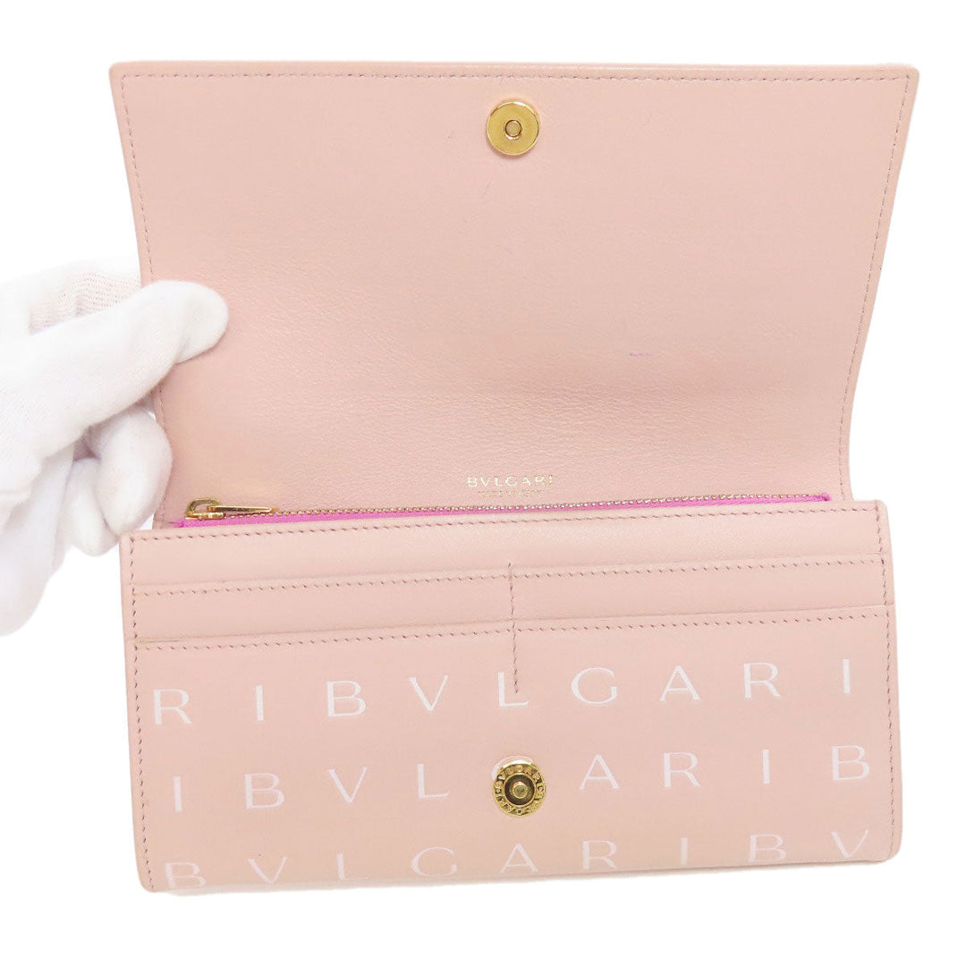 BVLGARI Long Wallet Purse leather pink Logo mania Women Used Authentic