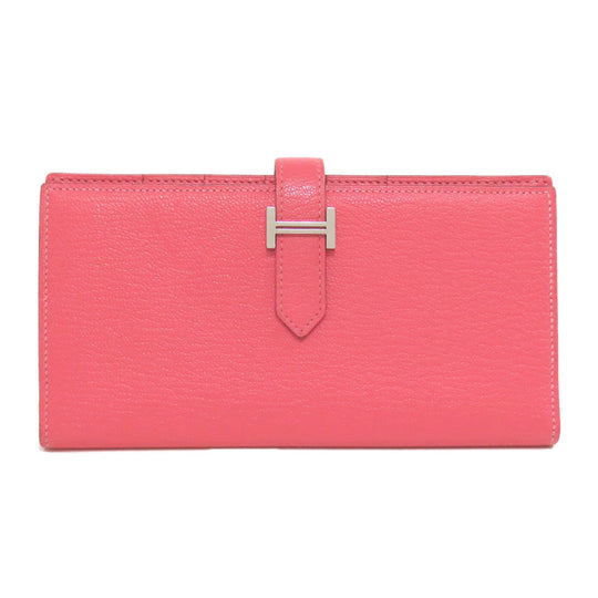 HERMES Long Wallet Purse Shave pink Bearn Soufflet Rose Lipstick Silver Metal