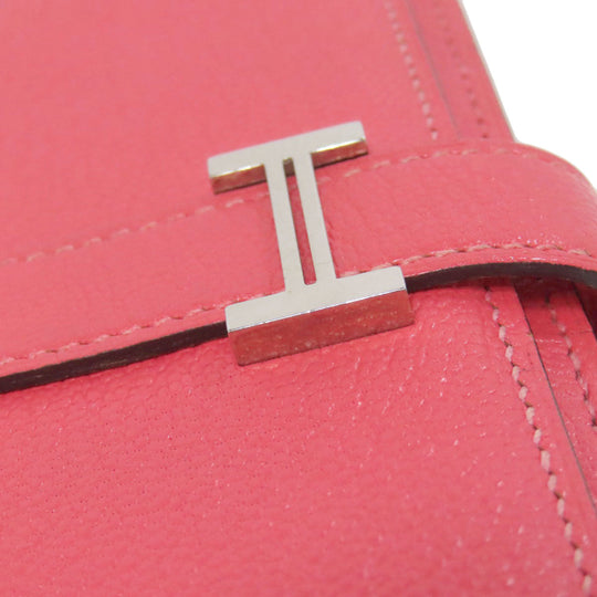 HERMES Long Wallet Purse Shave pink Bearn Soufflet Rose Lipstick Silver Metal