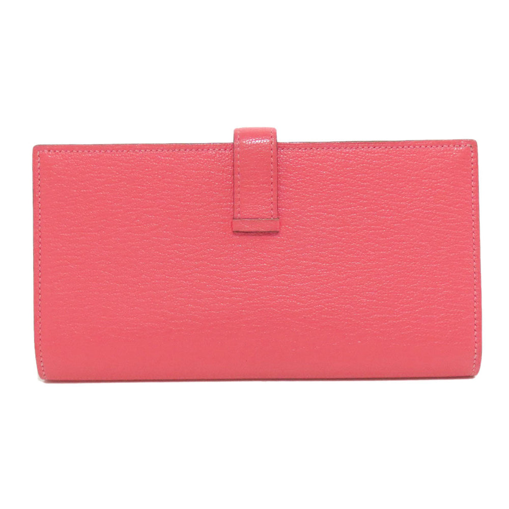 HERMES Long Wallet Purse Shave pink Bearn Soufflet Rose Lipstick Silver Metal