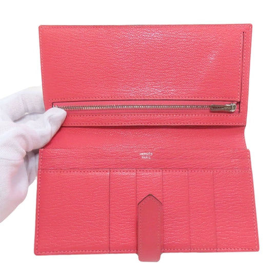 HERMES Long Wallet Purse Shave pink Bearn Soufflet Rose Lipstick Silver Metal