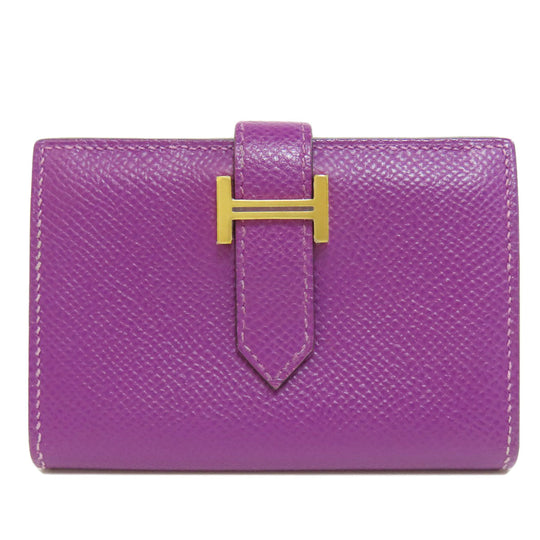 HERMES Card Case Epsom purple Bearn Gold Metal Women Used Authentic