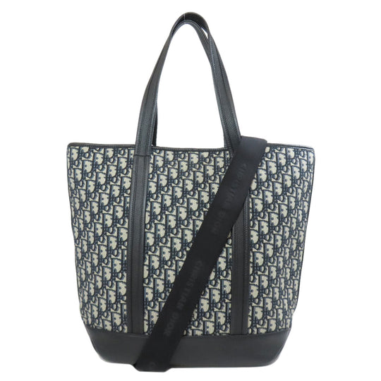 Christian Dior Tote Bag Canvas, Calfskin Navy Oblique 2WAY Women Used Authentic