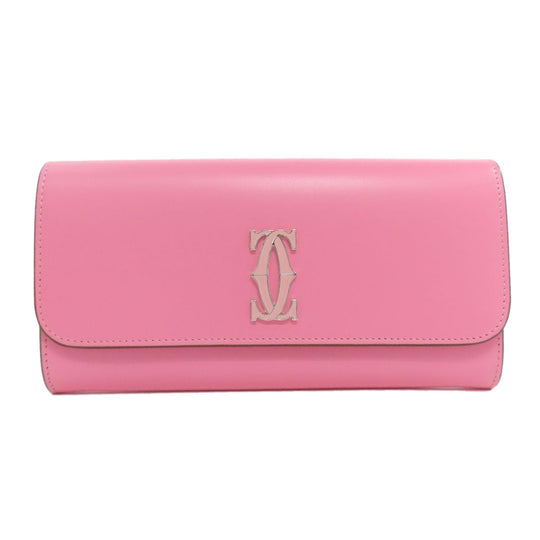 CARTIER Long Wallet Purse leather pink Double C Women Used Authentic