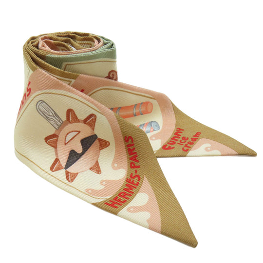 HERMES scarf silk Brown Twilly Women Used Authentic