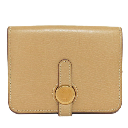 HERMES Coin case Taurillon Clemence beige Dogon Gold Metal Women Used Authentic