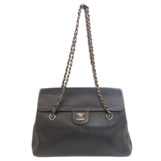 CHANEL Tote Bag Grained Calfskin Skin black Chain tote Women Used Authentic