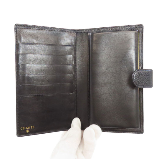 CHANEL Long Wallet Purse Grained Calfskin Skin black COCO Mark Gold Metal Women Used Authentic