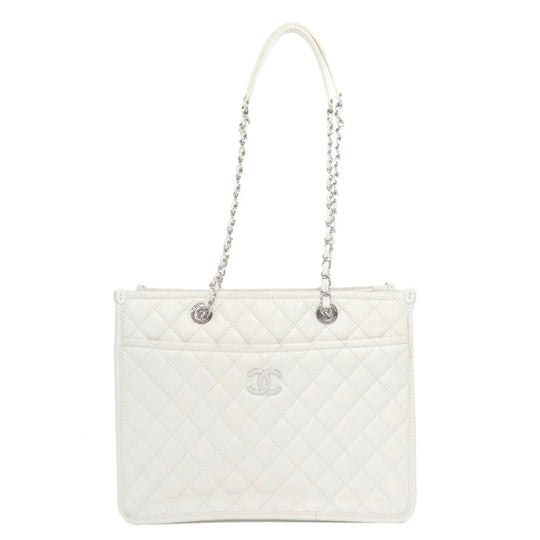 CHANEL Tote Bag lambskin white Chain Tote COCO Mark SilverMetal Women Used Authentic