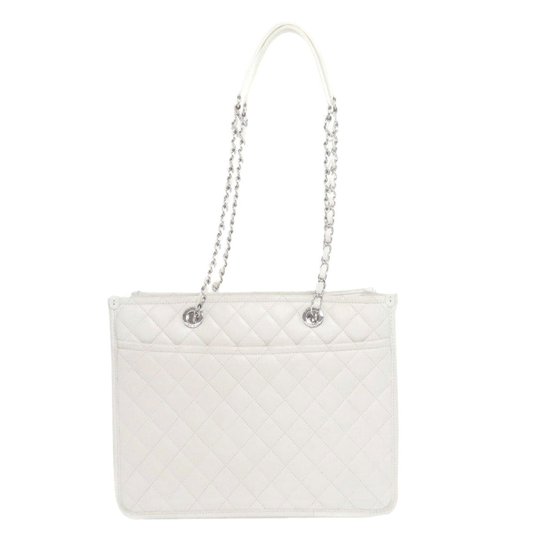 CHANEL Tote Bag lambskin white Chain Tote COCO Mark SilverMetal Women Used Authentic