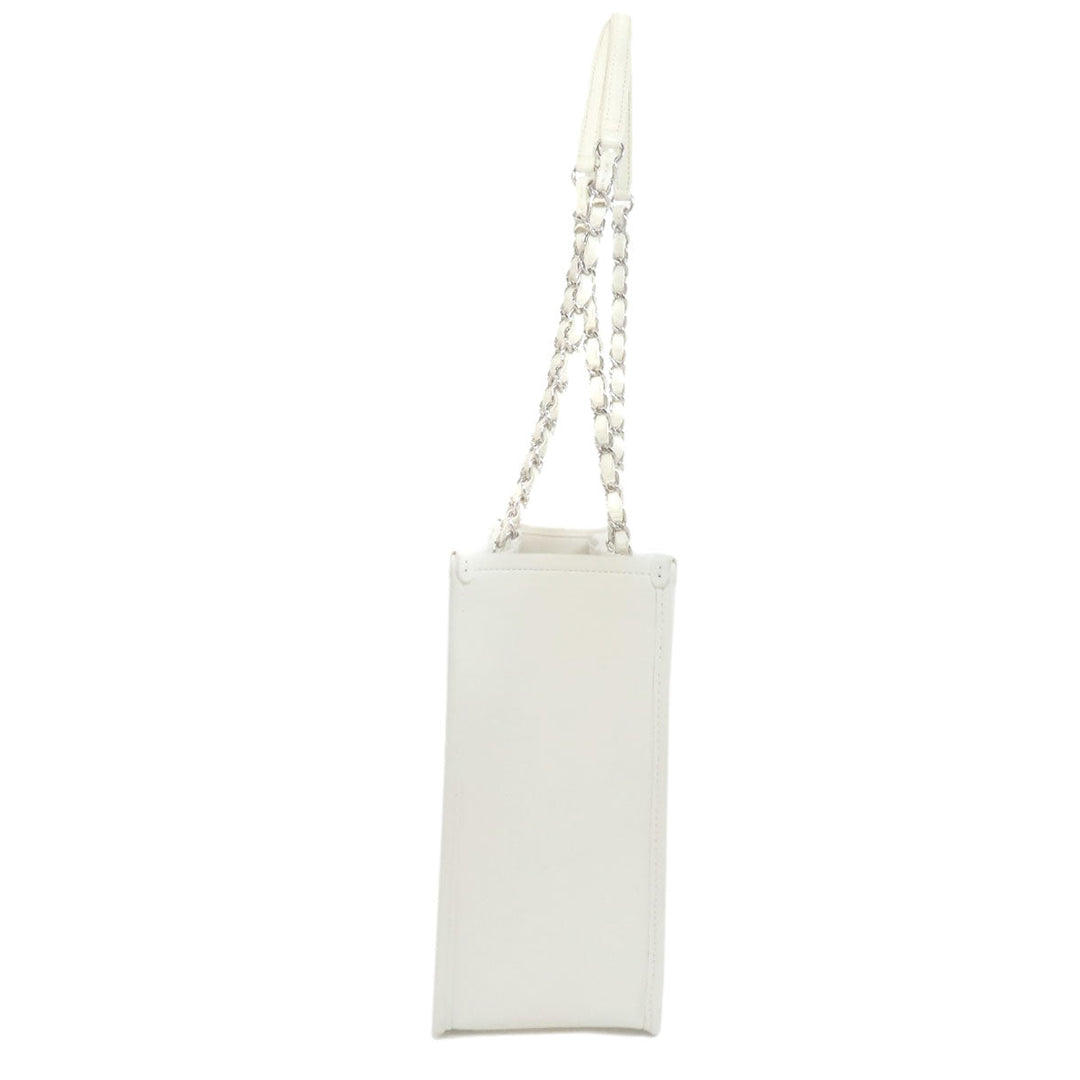 CHANEL Tote Bag lambskin white Chain Tote COCO Mark SilverMetal Women Used Authentic