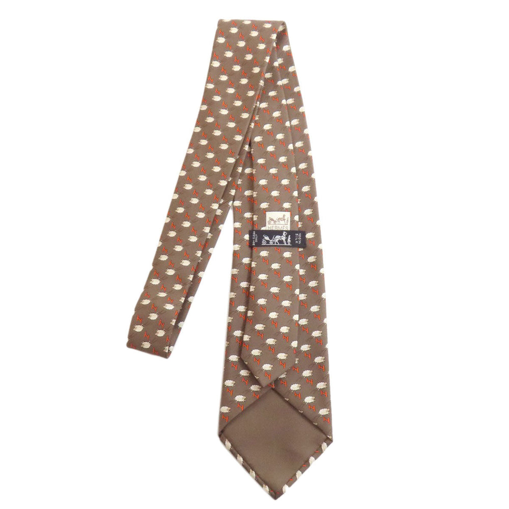 HERMES tie silk Brown SheepPattern mens Used Authentic