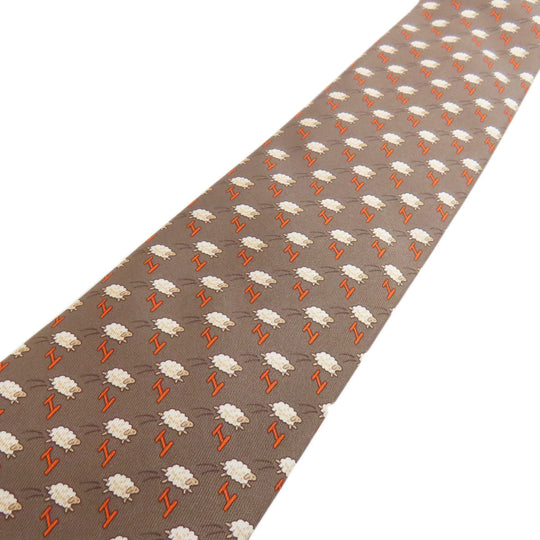 HERMES tie silk Brown SheepPattern mens Used Authentic