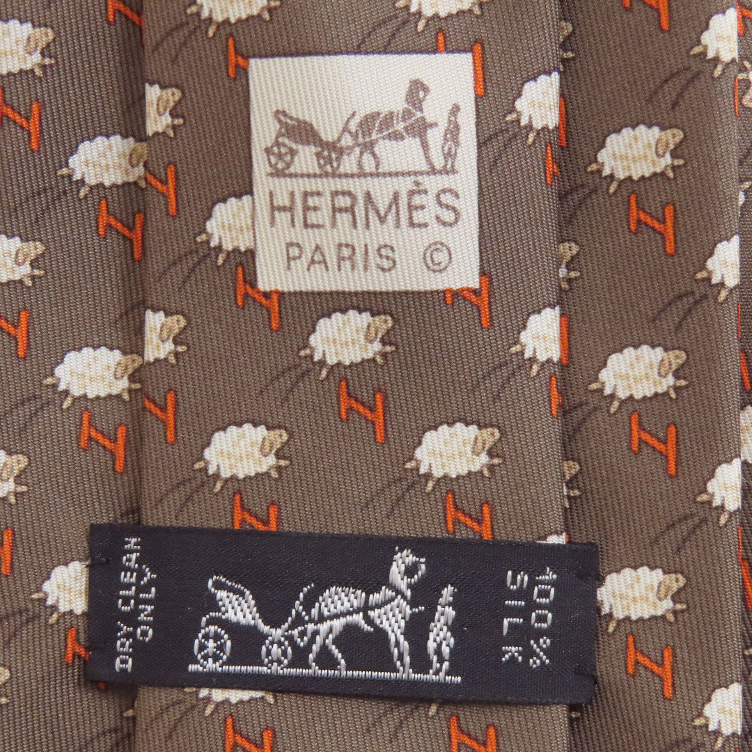HERMES tie silk Brown SheepPattern mens Used Authentic