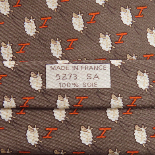 HERMES tie silk Brown SheepPattern mens Used Authentic