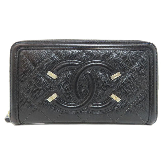 CHANEL Long Wallet Purse Grained Calfskin Skin black Matelasse Gold Metal