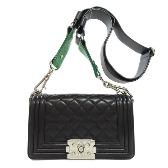 CHANEL Shoulder Bag lambskin black Boy Chanel SilverMetal Women Used Authentic