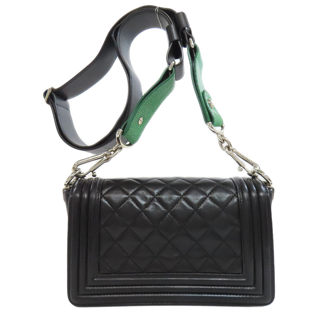 CHANEL Shoulder Bag lambskin black Boy Chanel SilverMetal Women Used Authentic