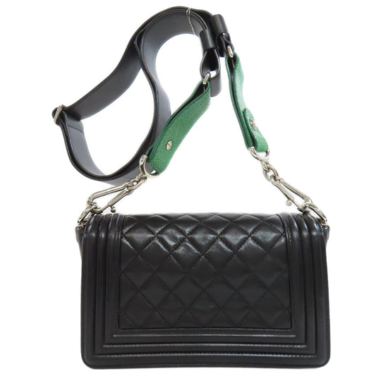 CHANEL Shoulder Bag lambskin black Boy Chanel SilverMetal Women Used Authentic