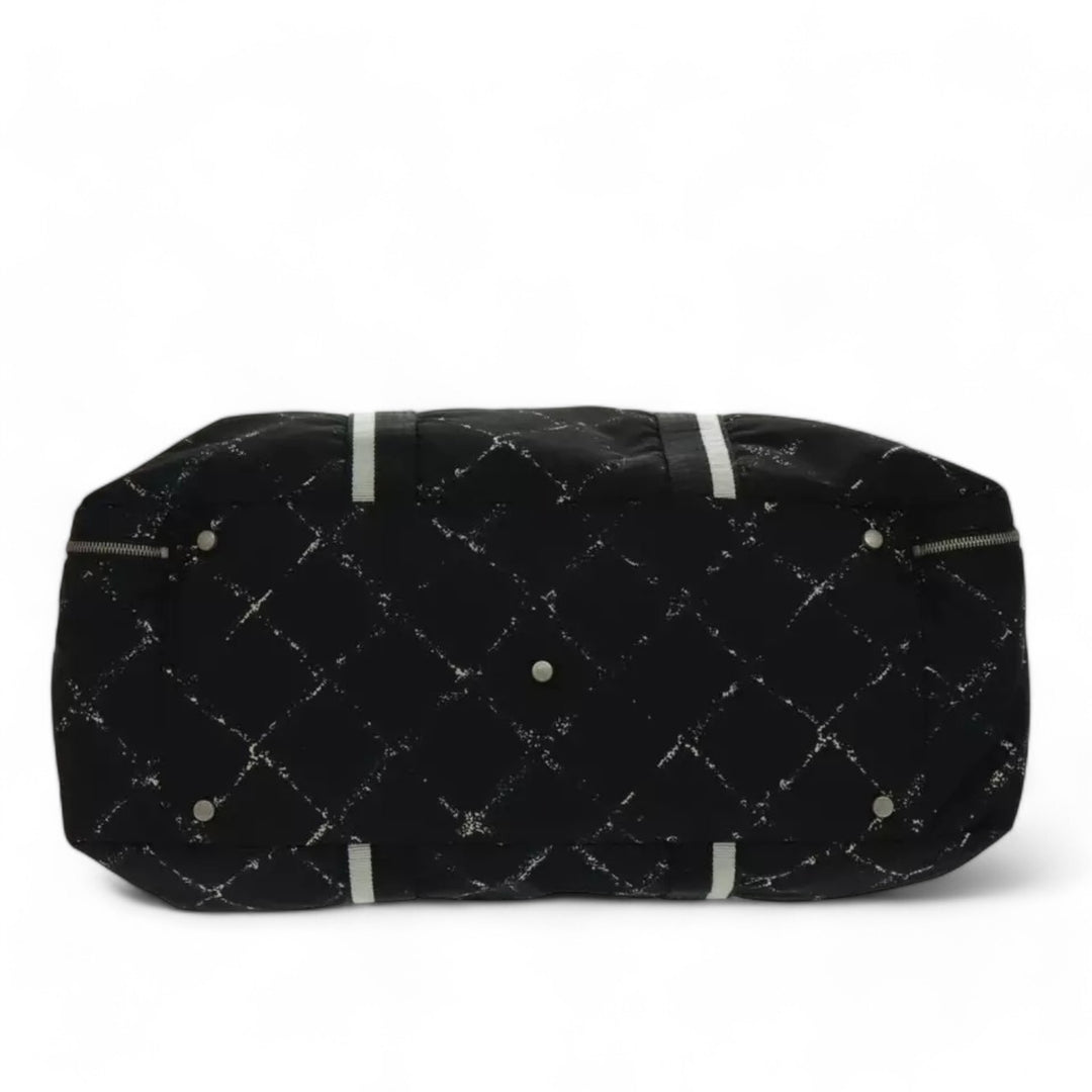 Chanel Travel Line Boston Bag Nylon Black Silver Unisex Large Tote Travel Bag