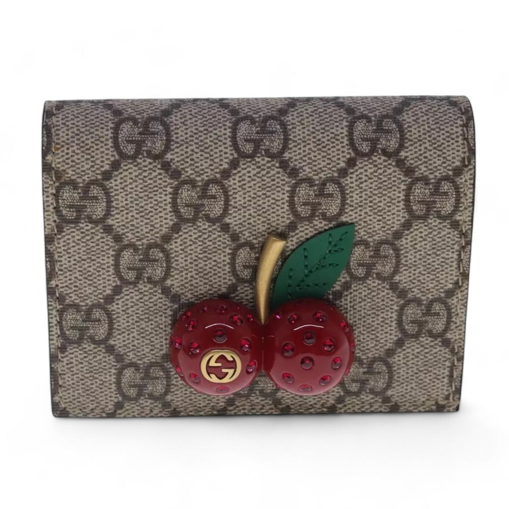 GUCCI GG Supreme Cherry Wallet PVC Leather Beige Red Women's