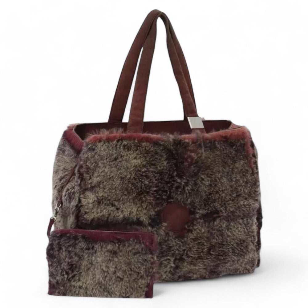 CHANEL Tote Bag Wine Red Brown Silver Fur Women with Pouch