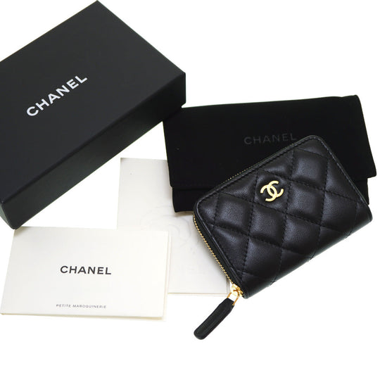 CHANEL Coin case lambskin black Zip Around Coin case Women Used Authentic
