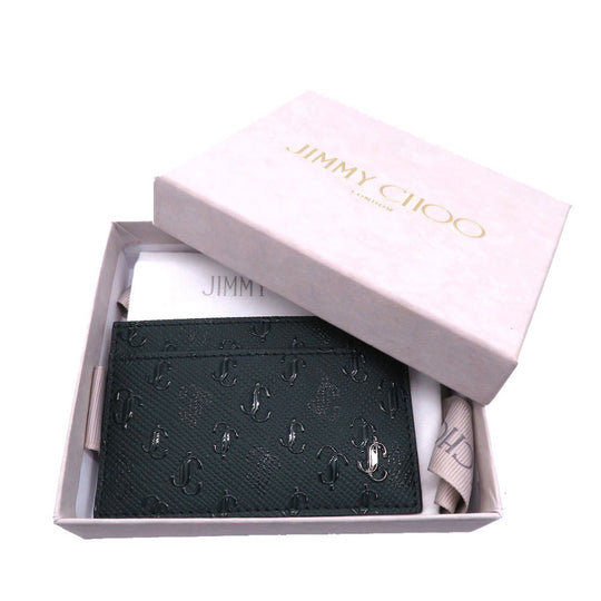 JIMMY CHOO Card Case leather khaki JC logo Women Used Authentic
